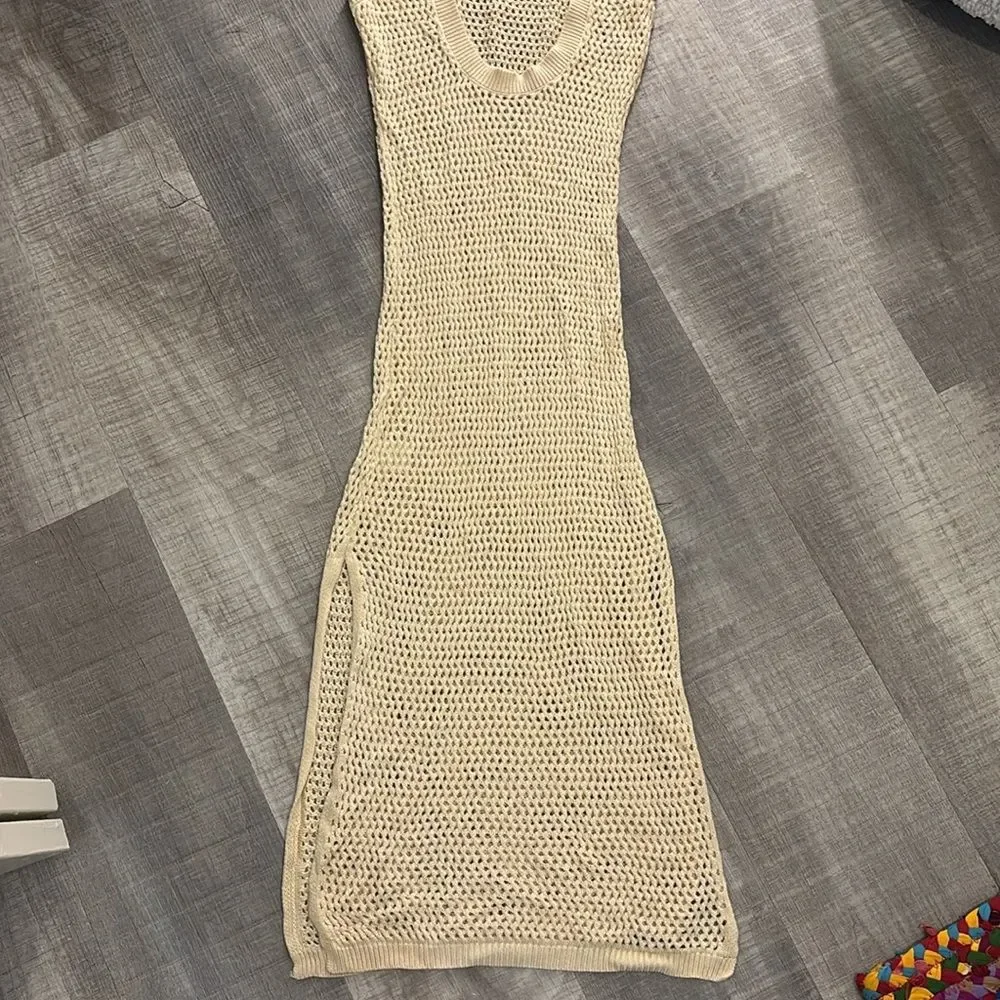 Beige open knit maxi coverup dress